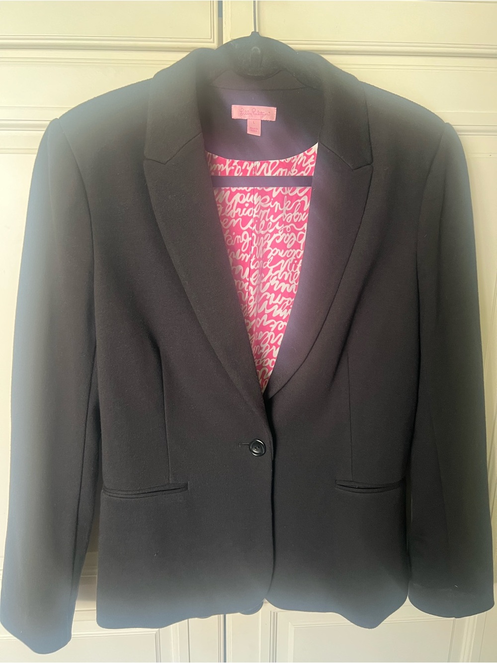 Lilly Pulitzer Black Blazer with Pink Script Lining